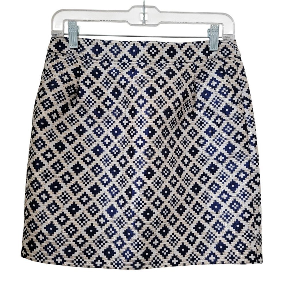 J. Crew Size 2 Blue, White, Metallic Taupe Geometric Pattern Pencil Skirt, EUC